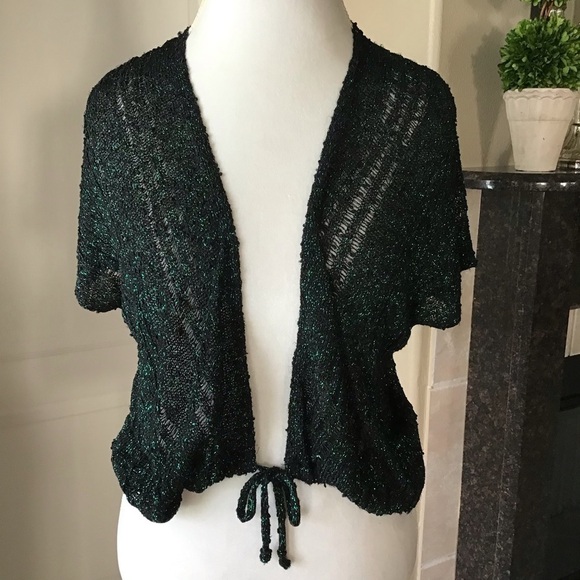 Bolero Shrug Sweater Top Vintage Green Metallic MED/L ARGE Drawstring Evening - Picture 1 of 16
